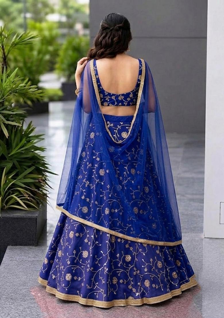 Cobalt Blue Sequin Cosmos Lehenga Set - Indya