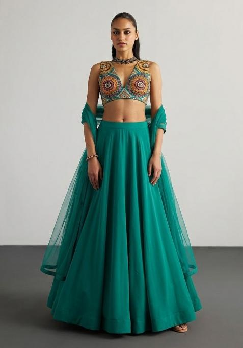 Teal Embroidered Crepe Lehenga Set