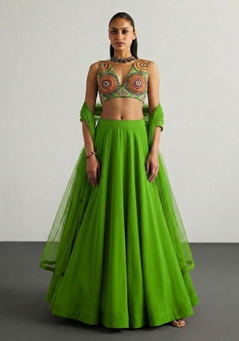 Lime Green Embroidered Crepe Lehenga Set