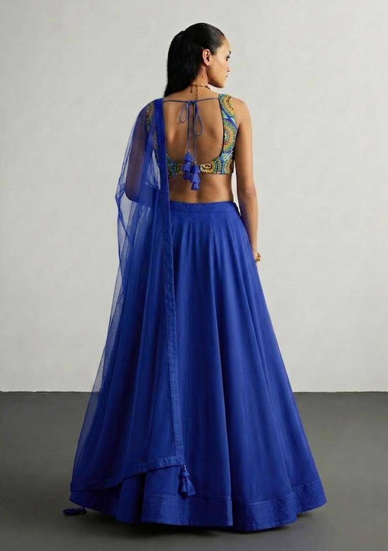 Royal Blue Embroidered Crepe Lehenga Set - Indya
