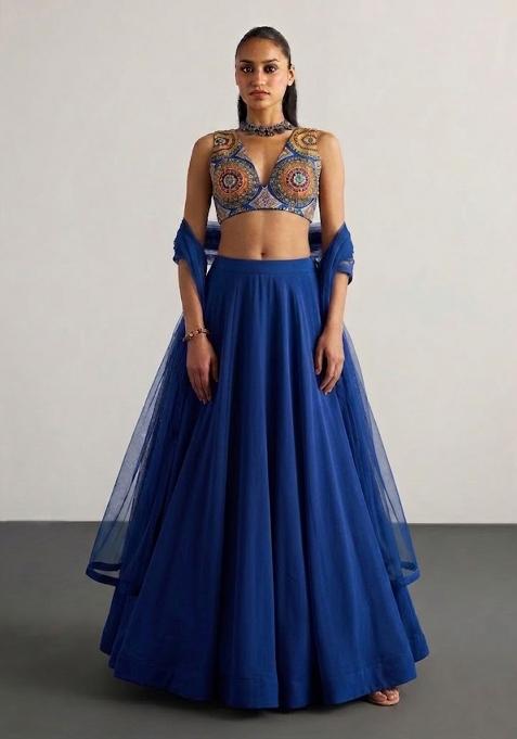 Royal Blue Embroidered Crepe Lehenga Set
