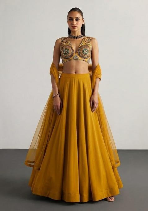 Mustard Yellow Embroidered Crepe Lehenga Set