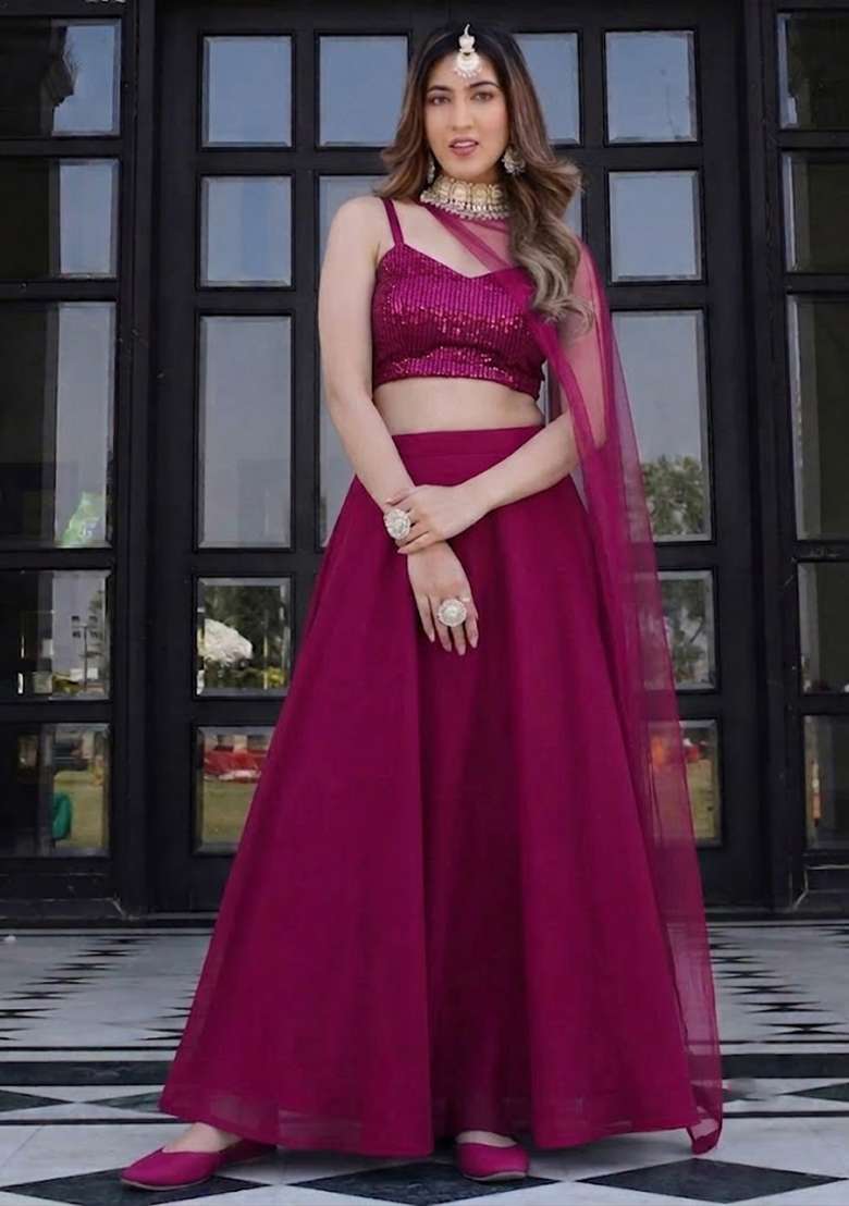 Magenta Lehenga Set with Sequin for Diwali | Wedding & Festive Wear - Indya