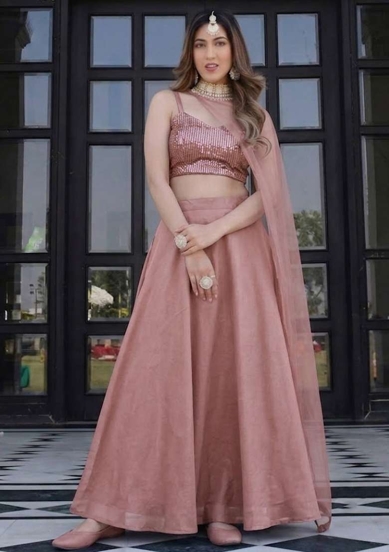 Dusty Peach Sequin Lehenga Set for Diwali and Festive Wear - Indya