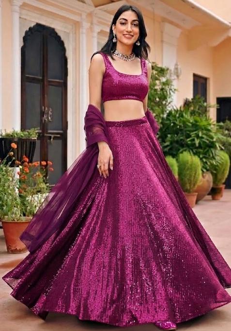 Dark Magenta Sequin Lehenga Set