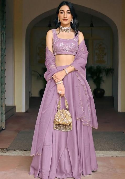 Lilac Embroidered Chanderi Lehenga Set