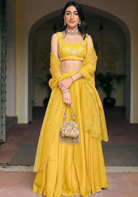 Turmeric Yellow Embroidered Chanderi Lehenga Set