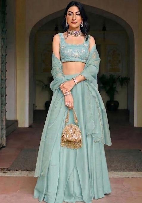 Mint Teal Embroidered Chanderi Lehenga Set