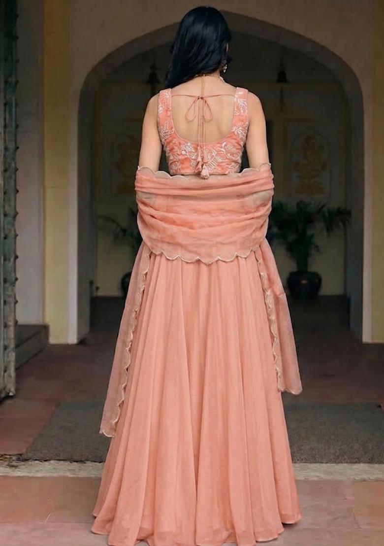 Peach Embroidered Chanderi Lehenga Set - Indya
