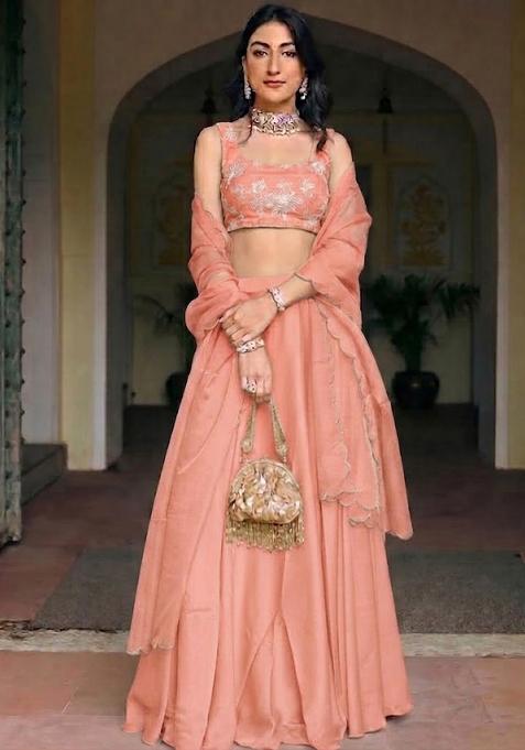 Peach Embroidered Chanderi Lehenga Set