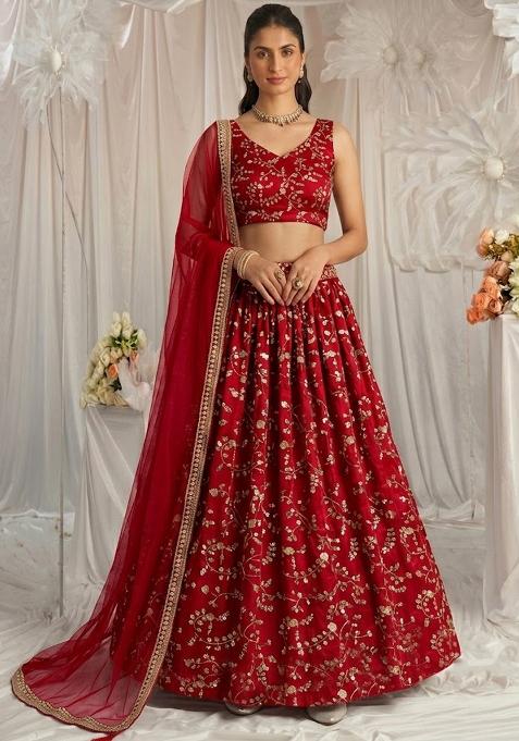 Crimson Red Embroidered Crepe Lehenga Set