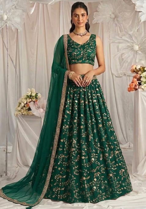 Emerald Green Embroidered Crepe Lehenga Set