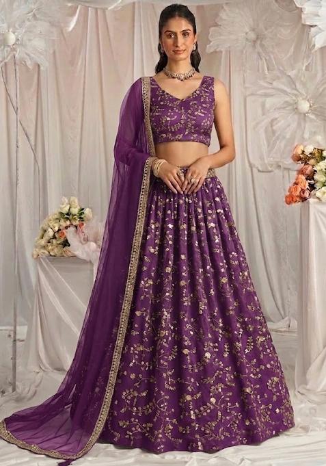 Deep Purple Embroidered Crepe Lehenga Set