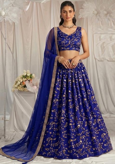 Cobalt Blue Embroidered Crepe Lehenga Set