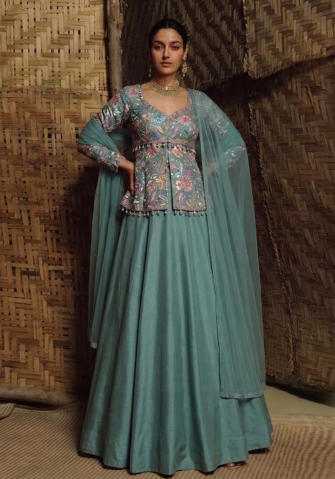 Teal Printed Crepe Lehenga Set
