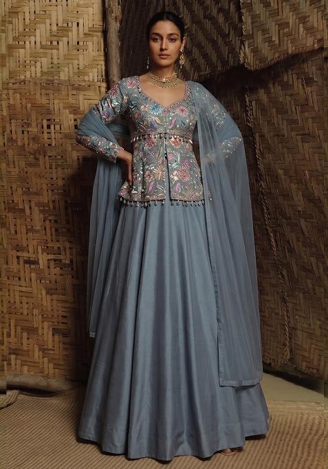 Slate Grey Printed Crepe Lehenga Set