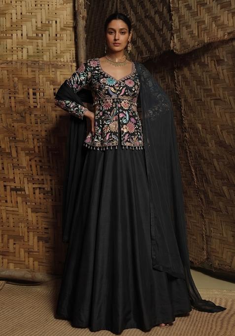 Charcoal Black Printed Crepe Lehenga Set