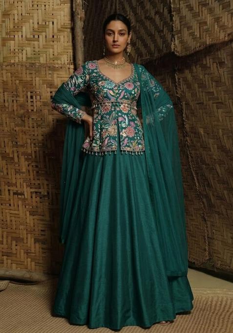 Bottle Green Printed Crepe Lehenga Set