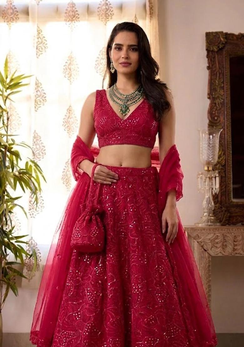 Crimson Red Mirror Viscose Lehenga Set - Indya