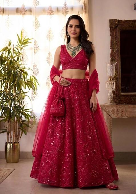 Crimson Red Mirror Viscose Lehenga Set