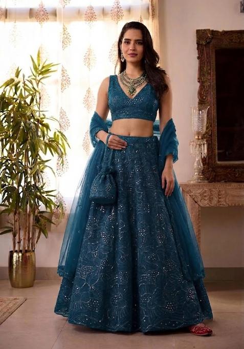 Deep Teal Mirror Viscose Lehenga Set