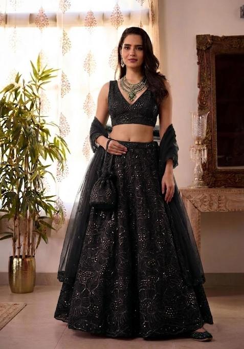 Charcoal Black Mirror Viscose Lehenga Set