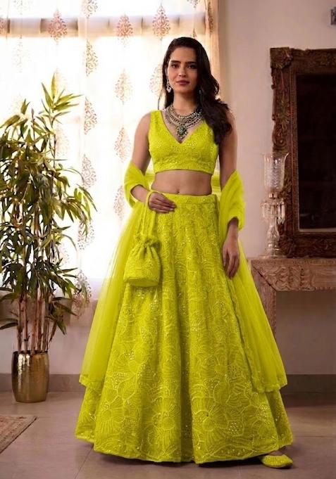 Lime Green Mirror Viscose Lehenga Set