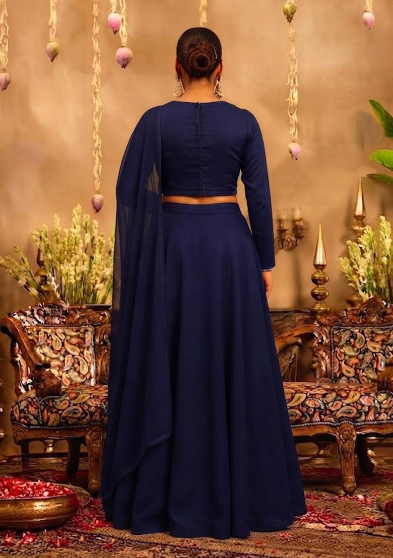 Navy Blue Embroidered Lehenga Set - Indya