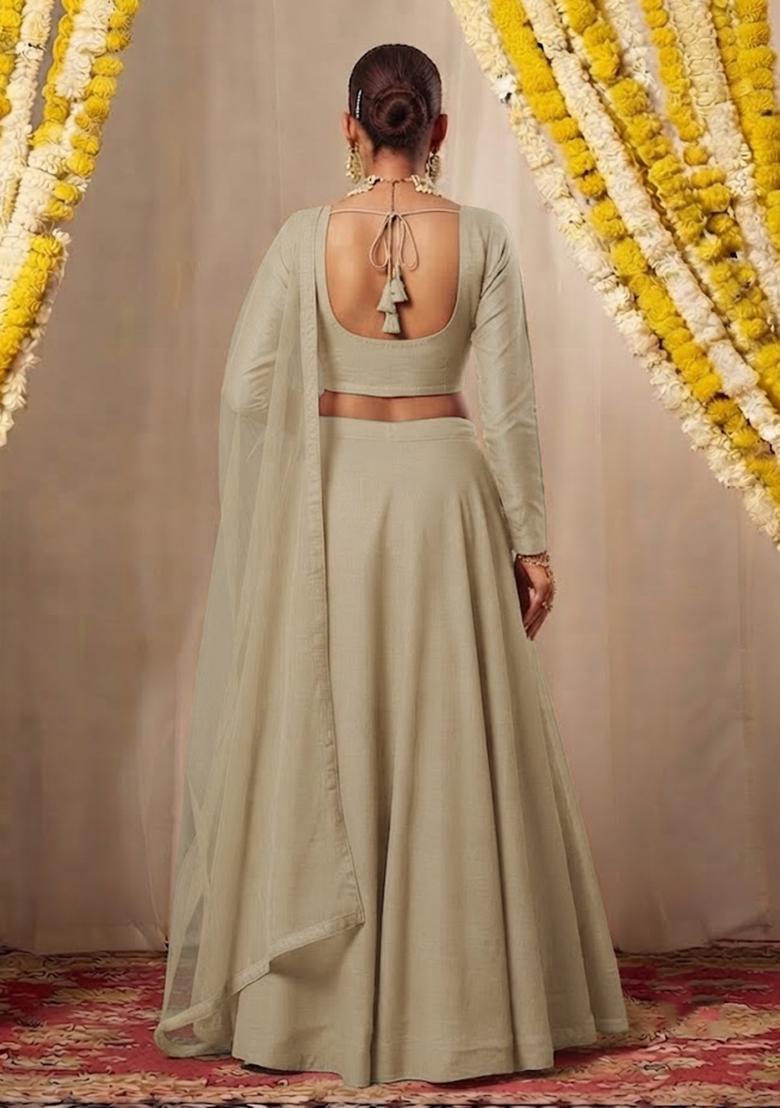 Beige Mirror Work Lehenga Set - Indya