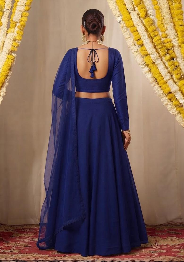 Navy Blue Sequin Lehenga Set - Indya