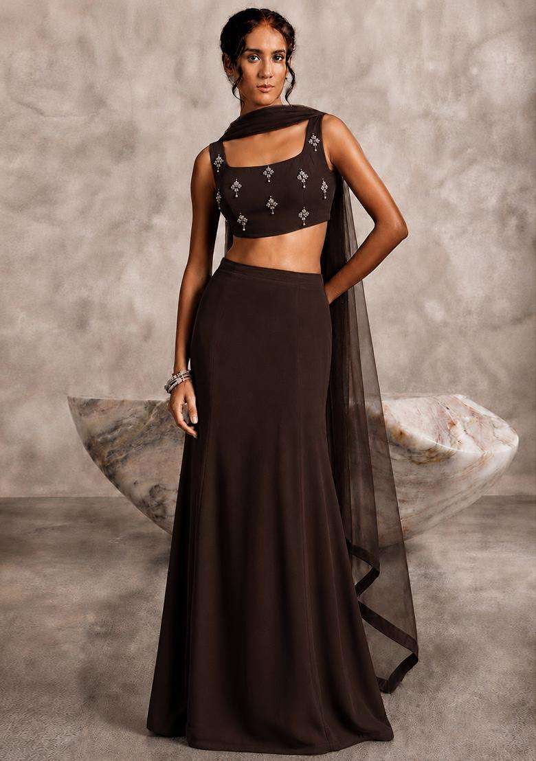Chocolate Brown Embellished Lehenga Set - Indya