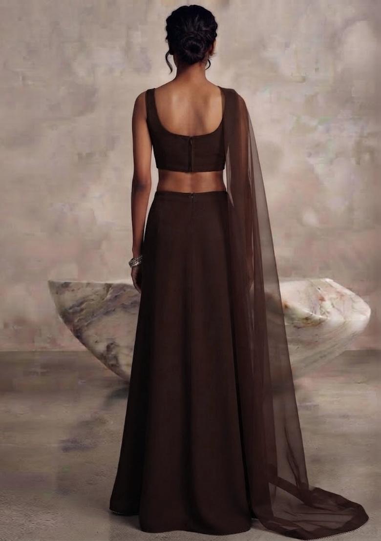 Chocolate Brown Embellished Lehenga Set - Indya