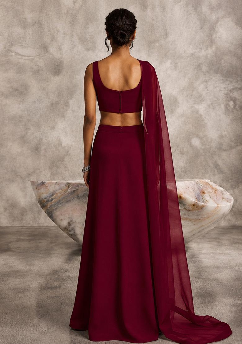 Wine Embellished Lehenga Set - Indya