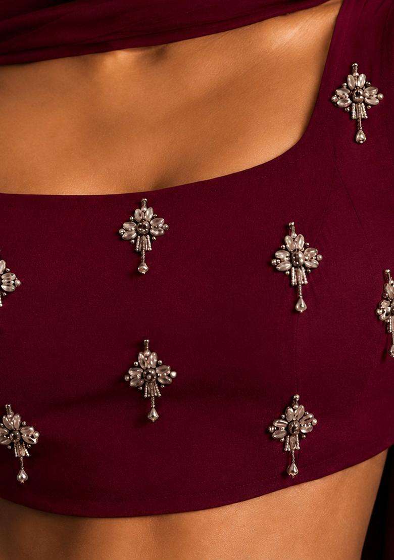 Wine Embellished Lehenga Set - Indya