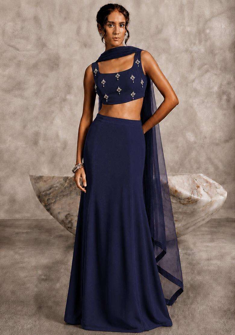 Dark Blue Solid Lehenga Set - Indya
