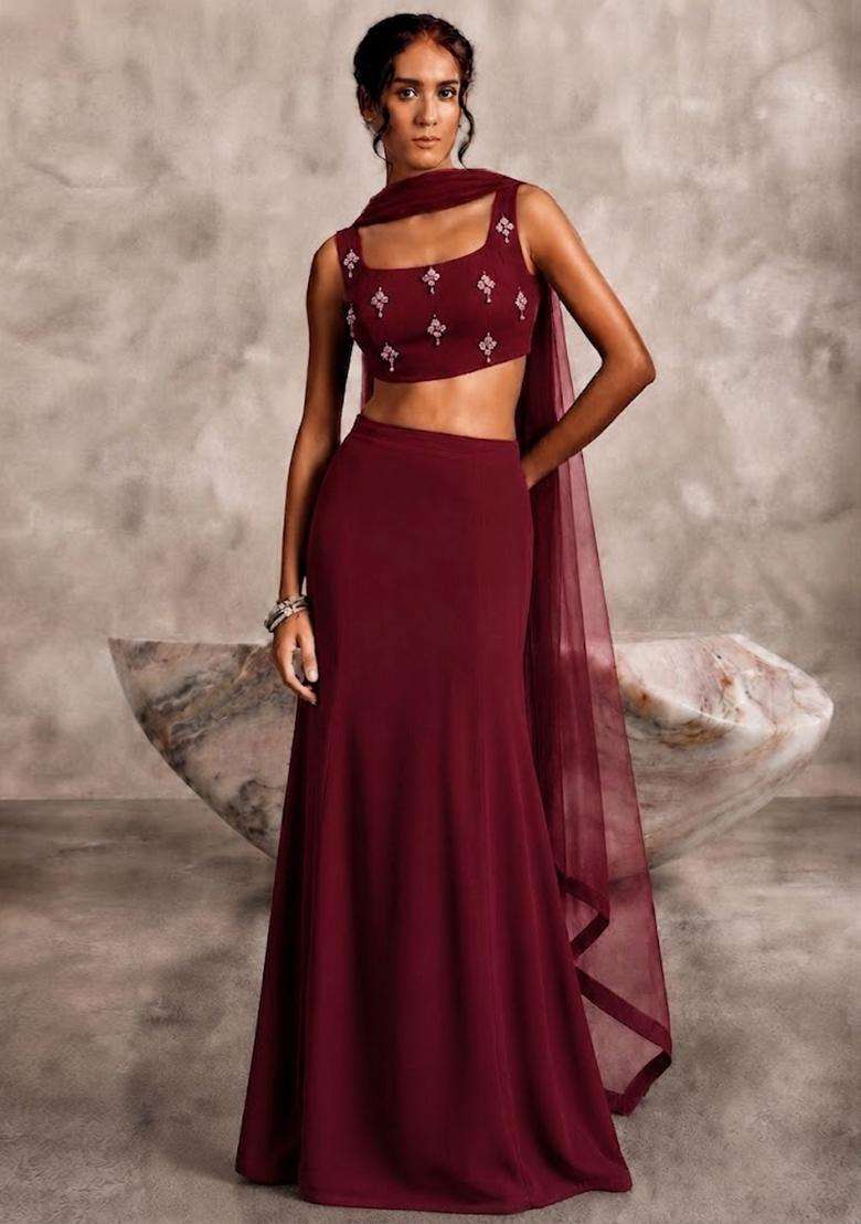 Burgundy Wine Embellished Lehenga Set - Indya