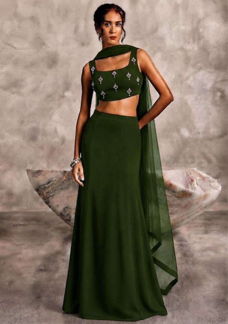Deep Olive Solid Lehenga Set - Indya