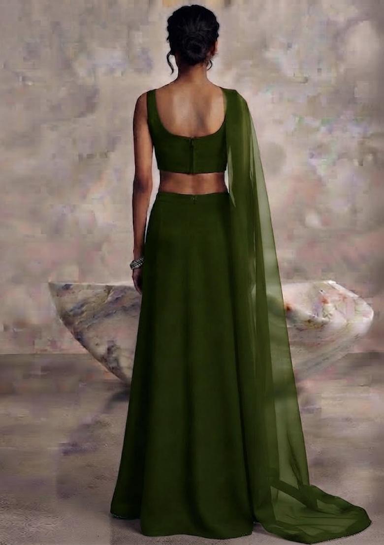 Deep Olive Solid Lehenga Set - Indya