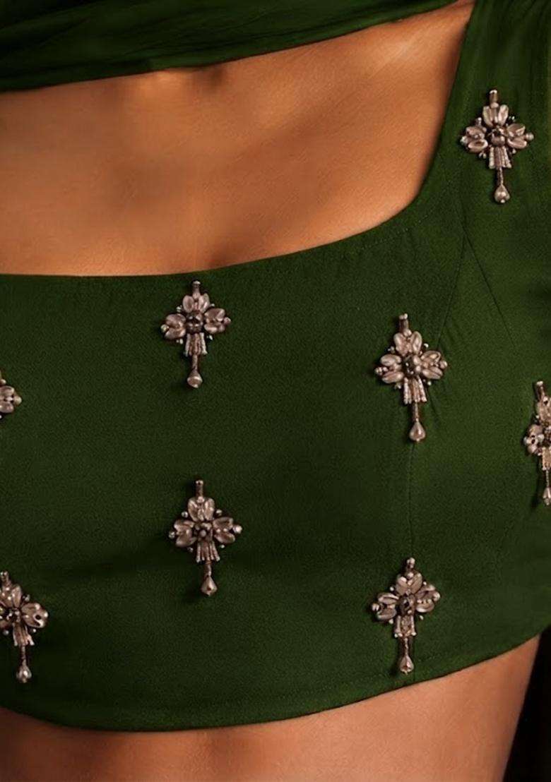 Deep Olive Solid Lehenga Set - Indya