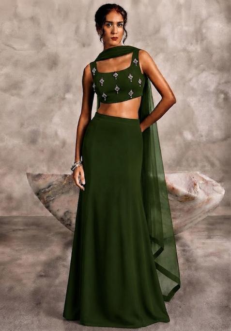 Deep Olive Solid Lehenga Set