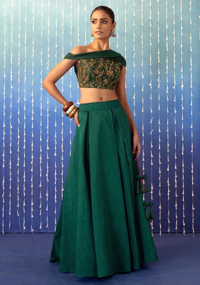 Teal Blue Hand Work Lehenga Set - Indya