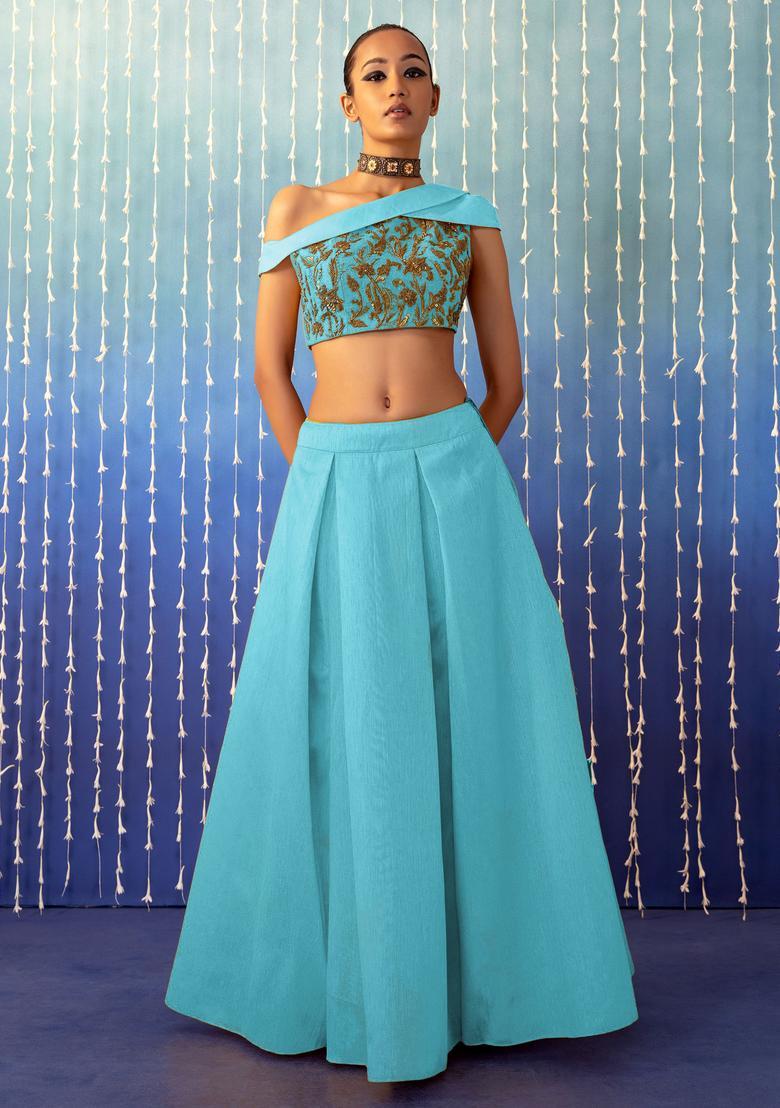 Dusty Blue Hand Work Lehenga Set - Indya