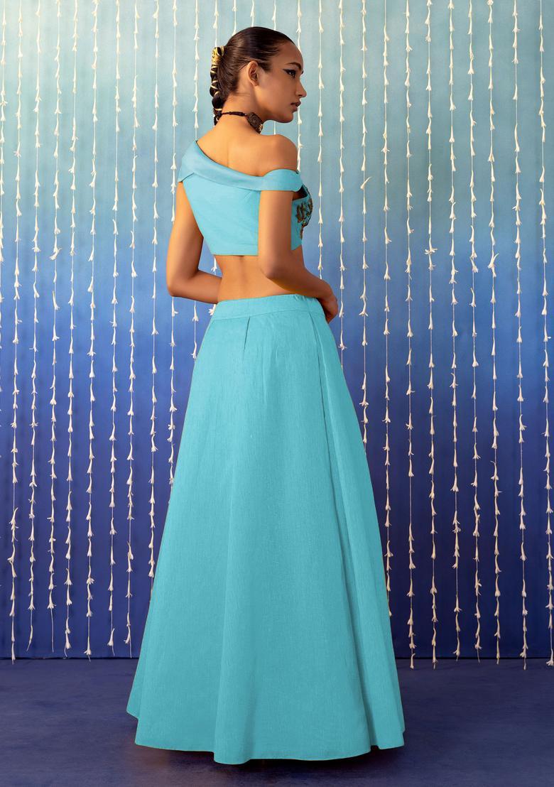 Dusty Blue Hand Work Lehenga Set - Indya