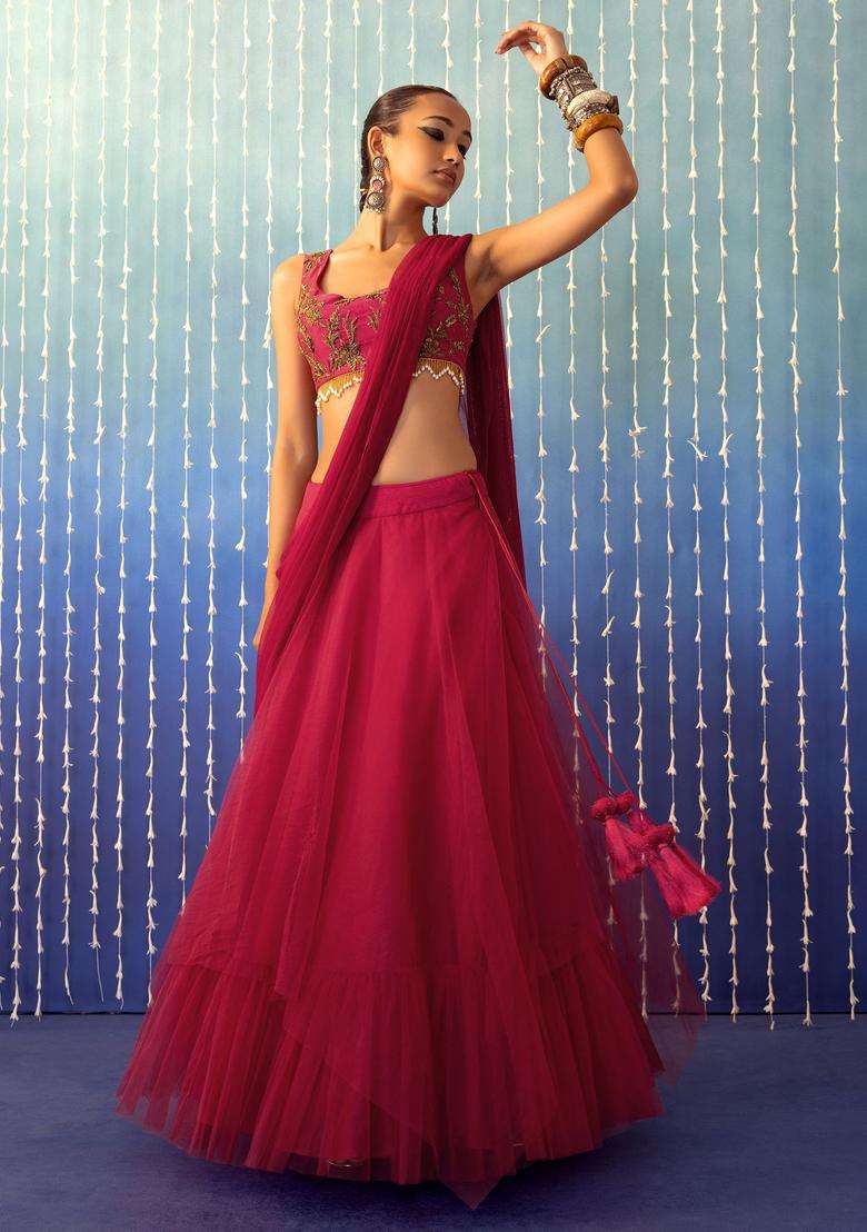 Magenta Pink Hand Work Lehenga Set - Indya