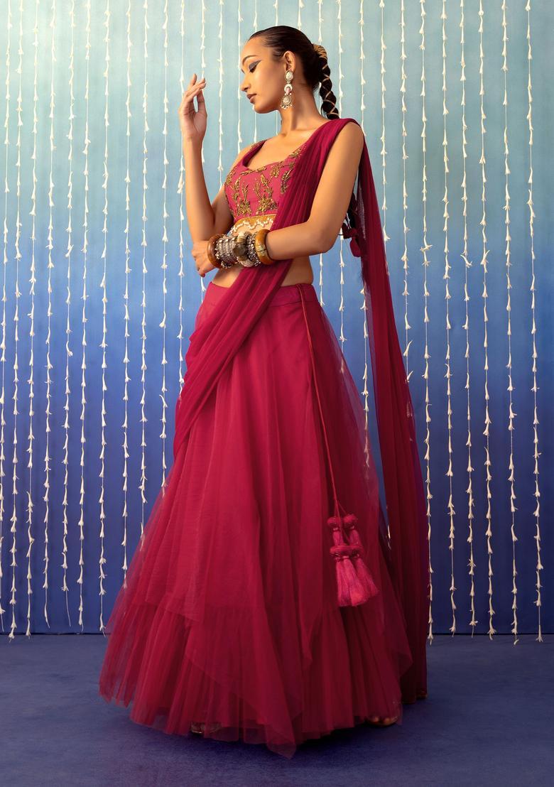 Magenta Pink Hand Work Lehenga Set - Indya