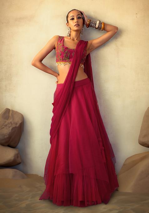Magenta Pink Hand Work Lehenga Set