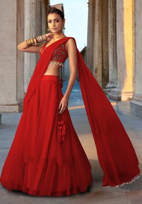 Red Orange Hand Work Lehenga Set