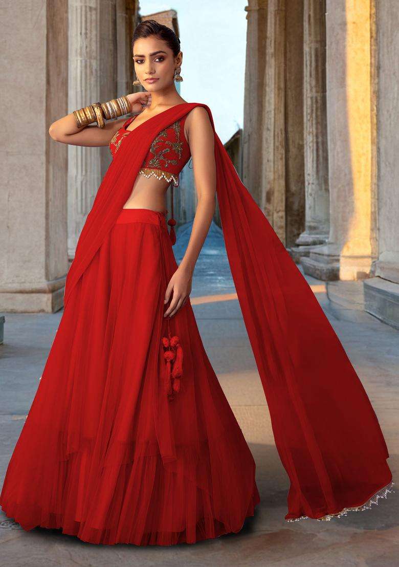 Red Orange Hand Work Lehenga Set - Indya