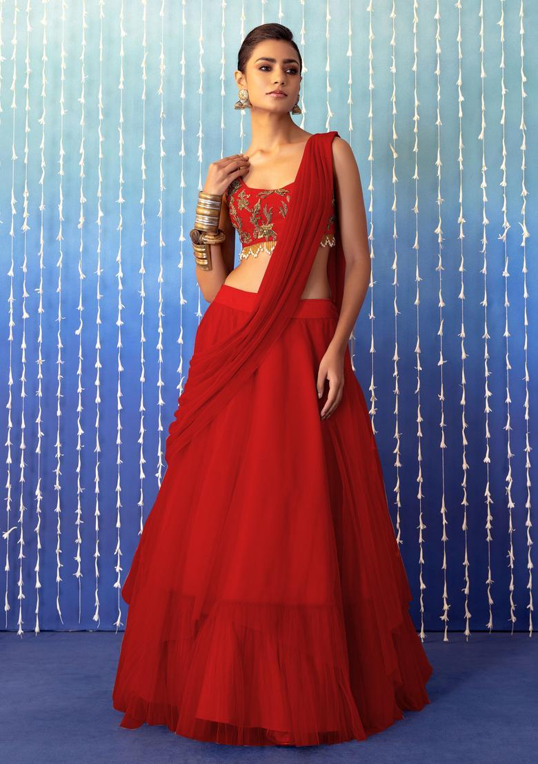Red Orange Hand Work Lehenga Set - Indya