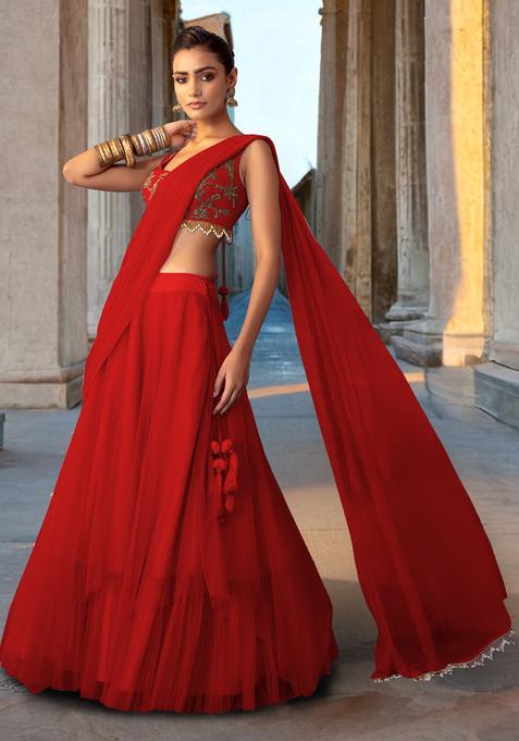 Red Orange Hand Work Lehenga Set